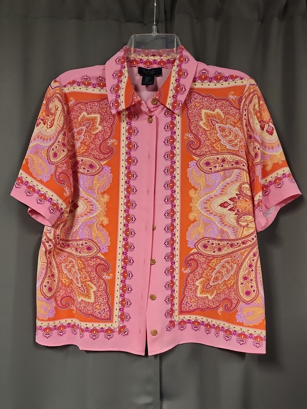 M RACHEL Rachel Roy Pink and Orange Paisley Button-Up